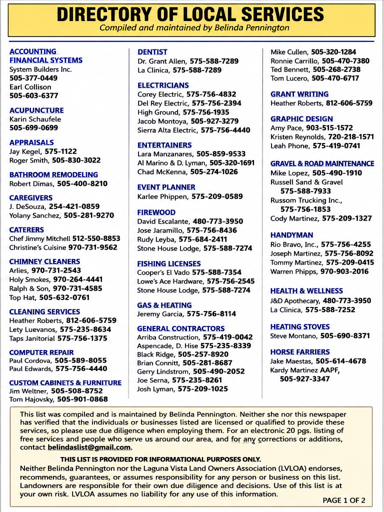 Belinda’s List directory, page 1