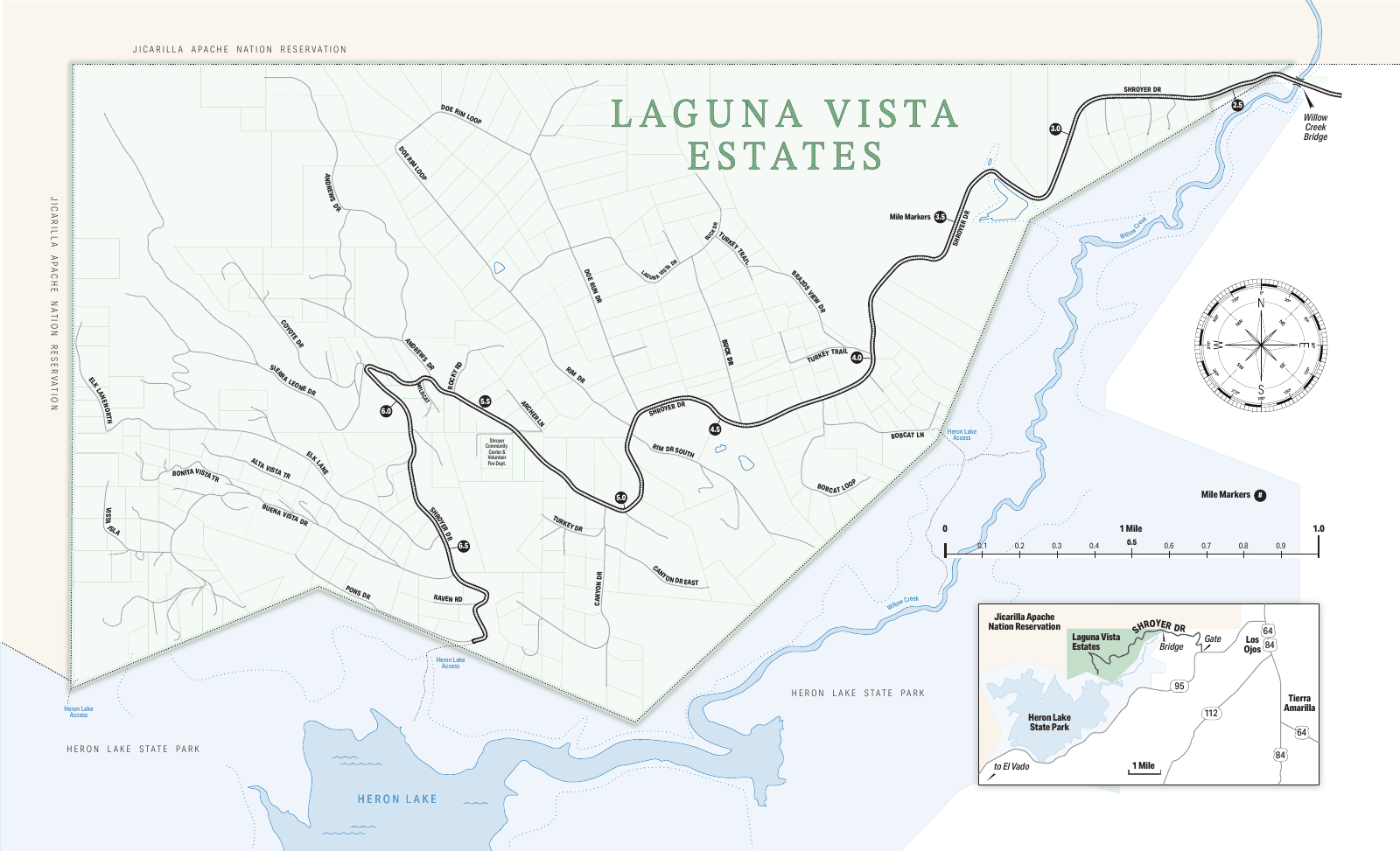 Map of Laguna Vista Estates showing roads, Shroyer Drive mile markers, Willow Creek Bridge, the Shroyer Community Center and Volunteer Fire Department, Heron Lake access points, the Jicarilla Apache Nation Reservation boundary, Heron Lake State Park, and an inset locator map with Los Ojos, Tierra Amarilla, and highways 64, 84, 95, and 112