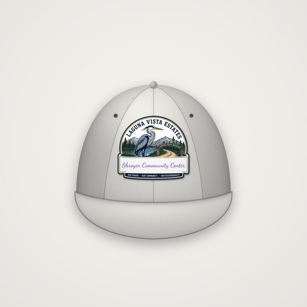Light gray baseball cap with the heron logo and “Shroyer Community Center” in lavender script on the front