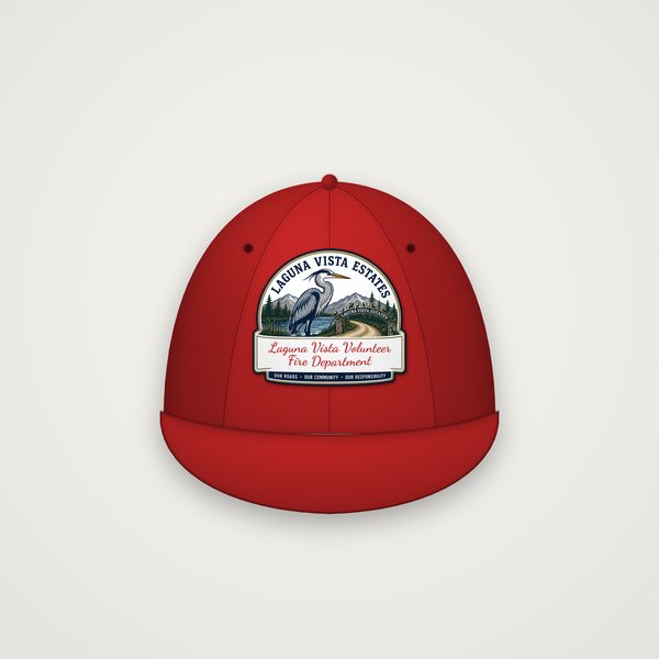 Red baseball cap with the heron logo and “Laguna Vista Volunteer Fire Department” in red script on the front