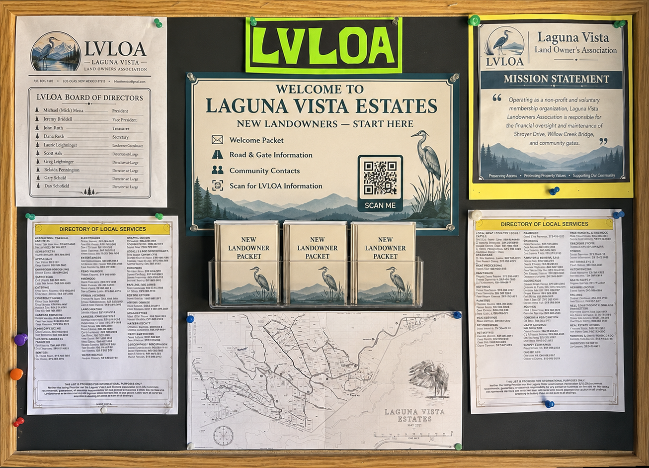 Community bulletin board welcoming new Laguna Vista Estates landowners